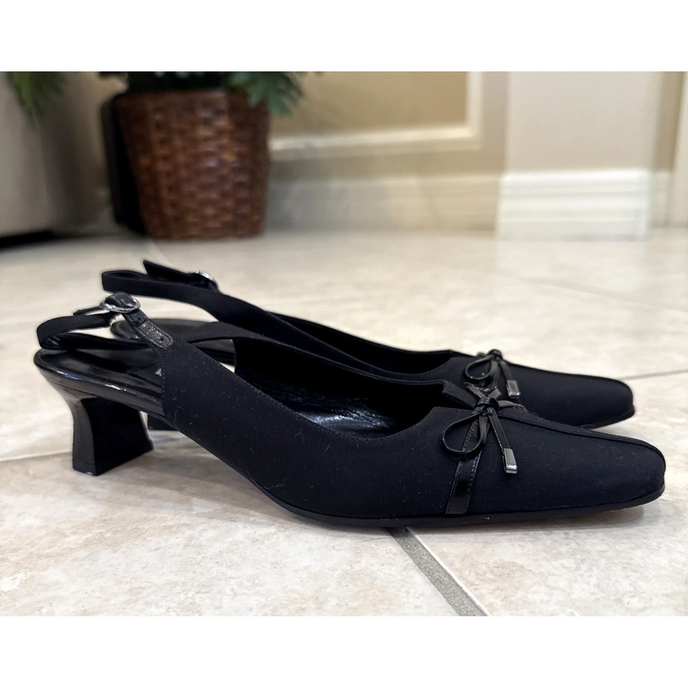VANELI Low‎ Slingback Pump Concave Kitten Heel Bow Square Toe Black Sz 7N Career